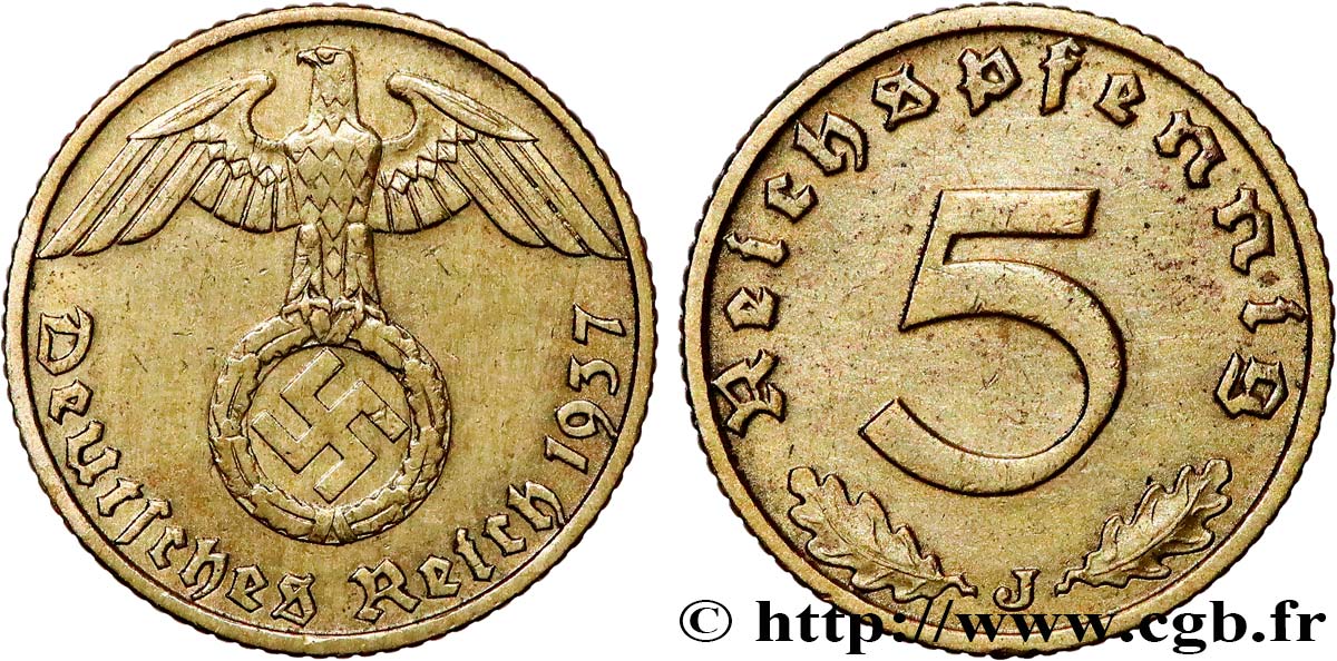 GERMANIA 5 Reichspfennig aigle surmontant une swastika 1937 Hambourg q.SPL