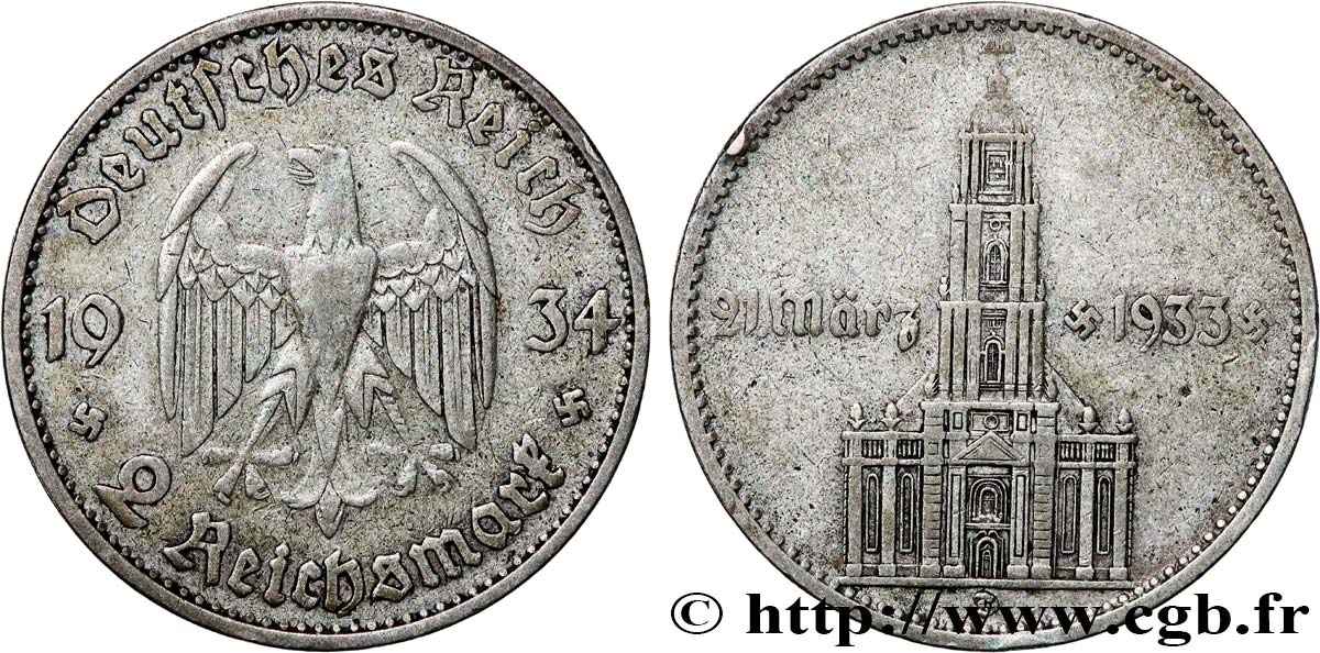 GERMANY 2 Reichsmark Commémoration du serment du 21 mars 1933 en l’église de la garnison de Potsdam 1934 Munich XF