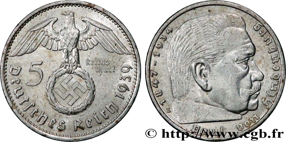 GERMANIA 5 Reichsmark Maréchal Paul von Hindenburg 1939 Muldenhütten - E BB