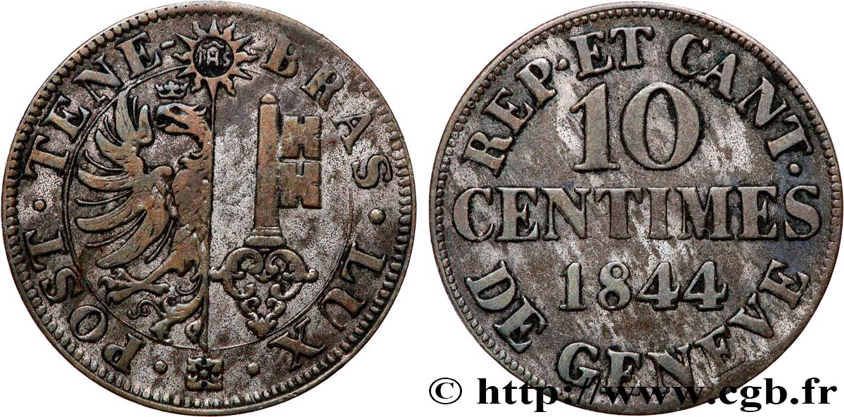SWITZERLAND - REPUBLIC OF GENEVA 10 Centimes 1844  XF 