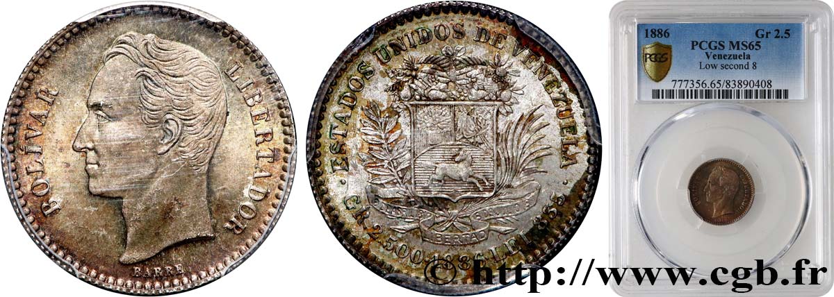 VENEZUELA 50 Centimos (Gr 2.500) 1886 Philadelphie FDC65 PCGS