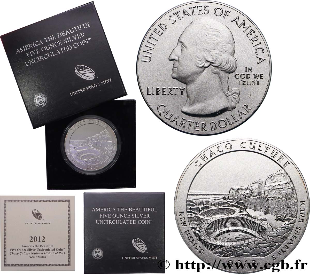 UNITED STATES OF AMERICA 25 cent - 5 onces d’argent FDC - CHACO CULTURE - New Mexico 2012 Philadelphie Proof set 