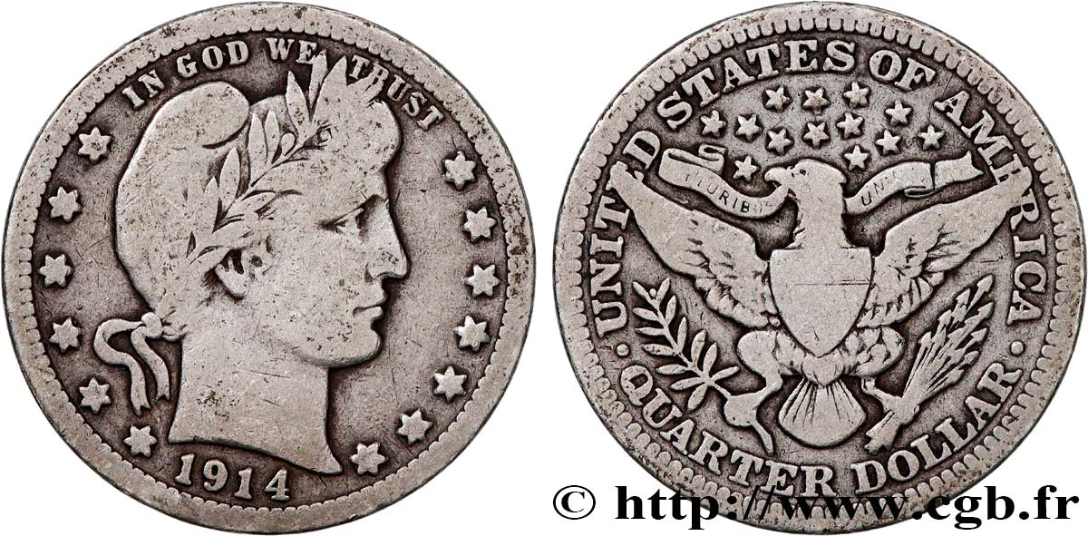 ÉTATS-UNIS D AMÉRIQUE 1/4 Dollar Barber 1914 Philadelphie TB+