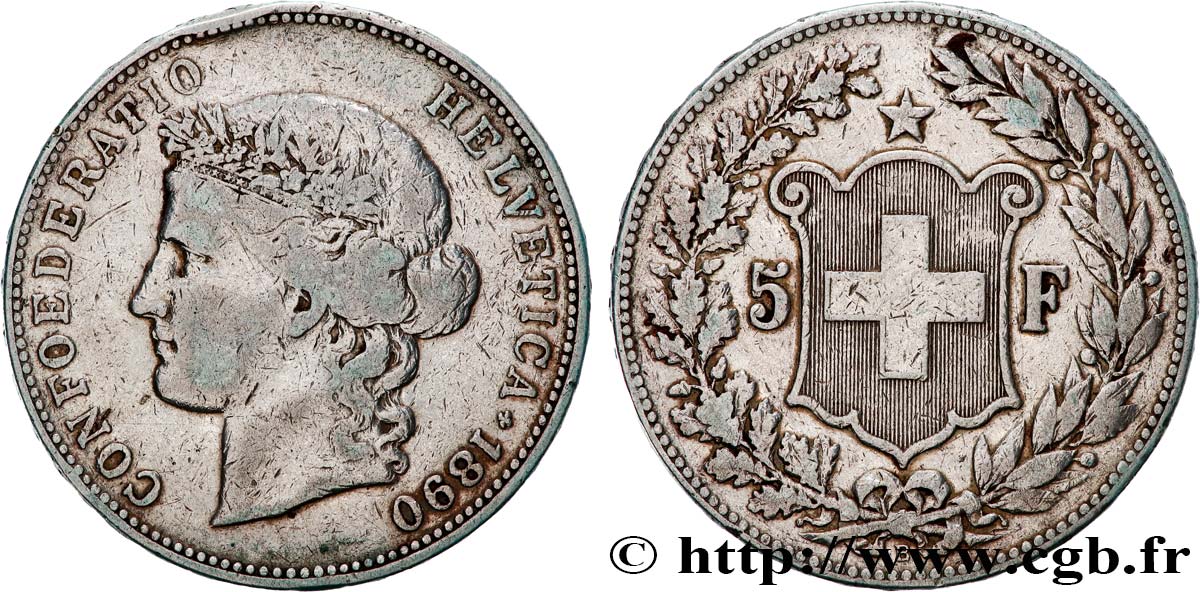 SWITZERLAND 5 Francs Helvetia 1890 Berne VF 