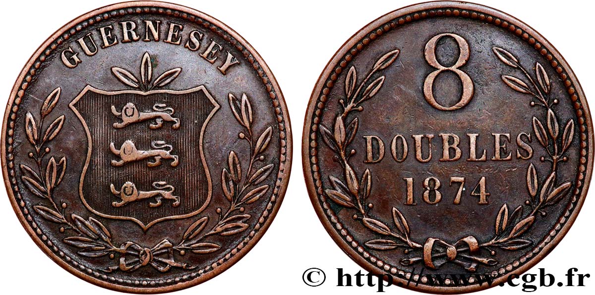 GUERNESEY 8 Doubles armes du baillage de Guernesey 1874 Heaton TTB 