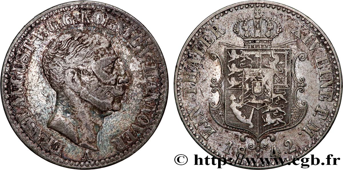 GERMANIA - HANNOVER 1 Thaler Ernest Auguste 1842 Clausthal MB 