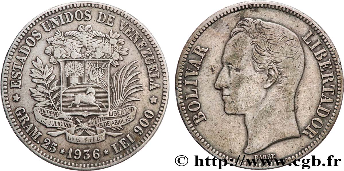 VENEZUELA 5 Bolivares Simon Bolivar 1936 Philadelphie fSS/SS