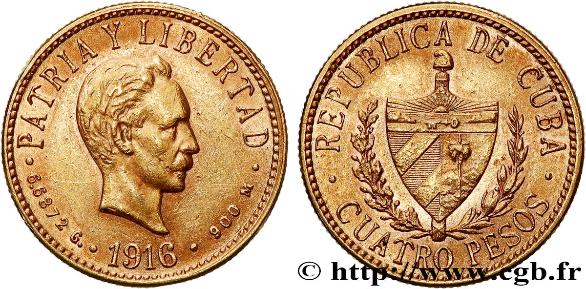 CUBA 4 Pesos José Marti 1916 Philadelphie TTB+ 
