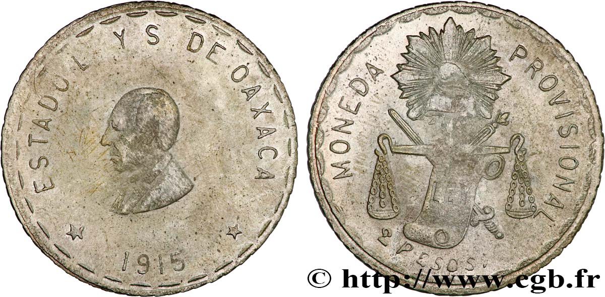 MEXICO - PROVISIONAL GOVERNMENT OF OAXACA 2 Pesos 1915  VZ 