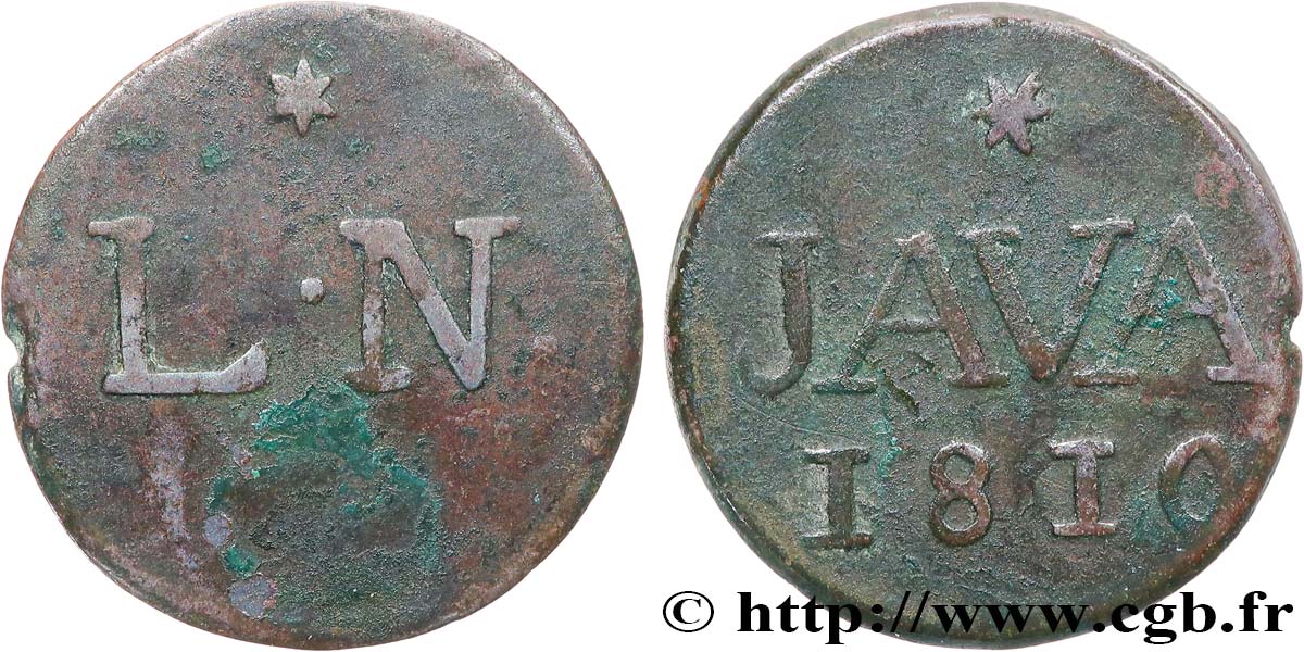 INDES NEERLANDAISES 1 Duit “LN” initiales de Louis Napoléon roi de Hollande et au revers “JAVA” 1810 Harderwijk TB+ 