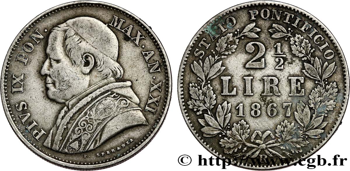 VATIKANSTAAT UND KIRCHENSTAAT 2 1/2 Lire Pie IX an XXI 1867 Rome SS