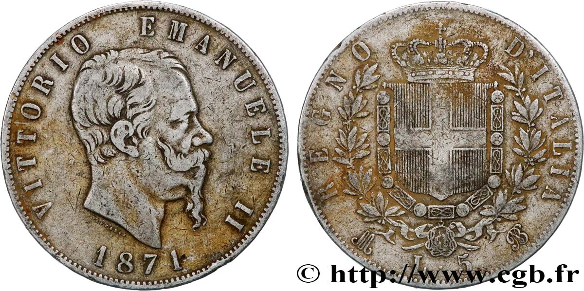 ITALY 5 Lire Victor Emmanuel II 1871 Milan VF