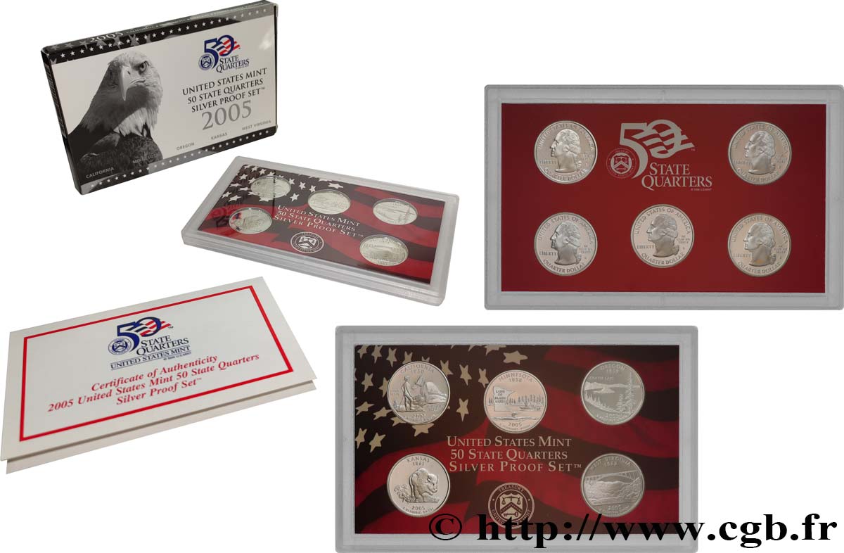 UNITED STATES OF AMERICA 50 STATE QUARTERS - SILVER PROOF SET - 5 monnaies 2005 S- San Francisco MS 