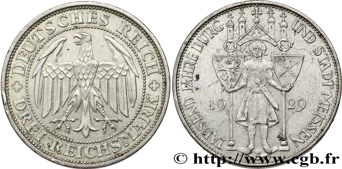 ALLEMAGNE 3 Reichsmark 1000e anniversaire de la fondation de Meissen 1929 SUP