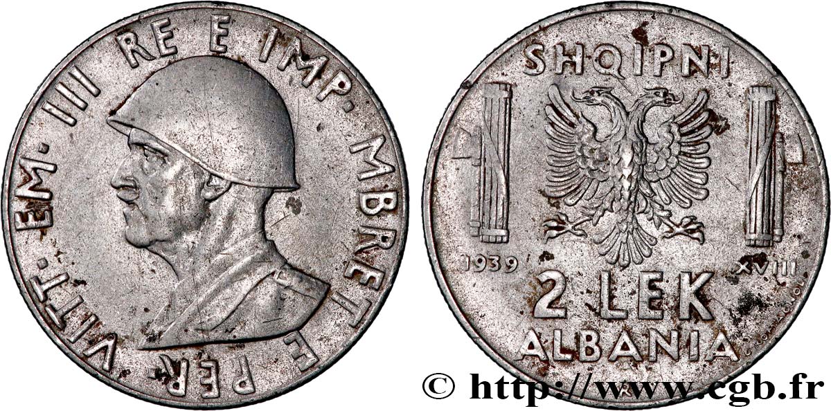 ALBANIE 2 Lek Victor-Emmanuel III d’Italie 1939 Rome TTB 