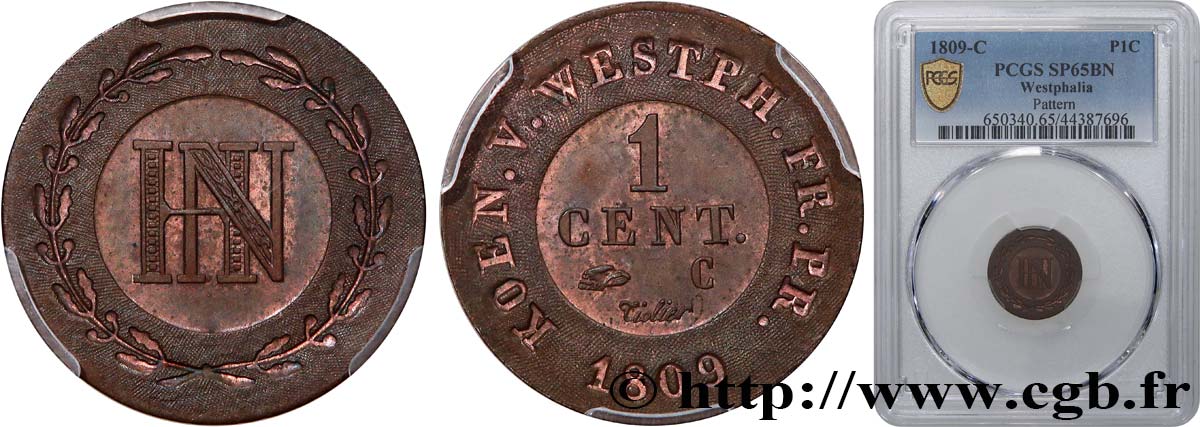 GERMANY - KINGDOM OF WESTPHALIA - JÉRÔME NAPOLÉON Épreuve sur flan bruni de 1 centime 1809 Cassel MS65 PCGS