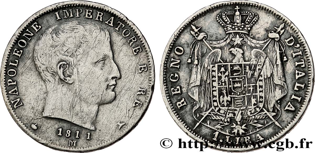 ITALY - KINGDOM OF ITALY - NAPOLEON I 1 lira 1811 Milan VF 