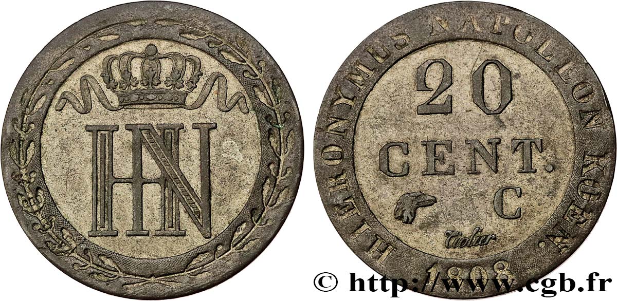 GERMANY - KINGDOM OF WESTPHALIA 20 Centimes 1808 Cassel XF 