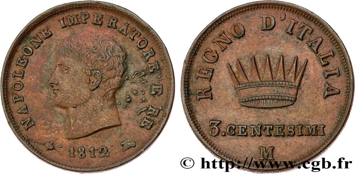 ITALIA - REINO DE ITALIA - NAPOLEóNE I 3 centesimi  1812 Milan MBC 