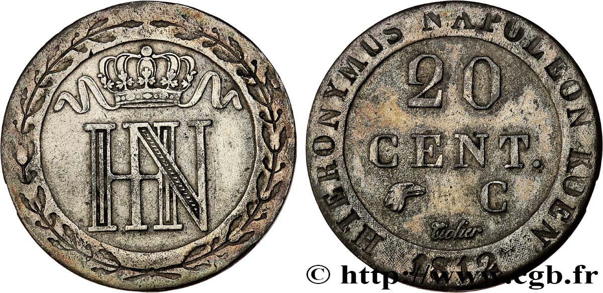 GERMANY - KINGDOM OF WESTPHALIA - JÉRÔME NAPOLÉON 20 Centimes 1812 Cassel XF 