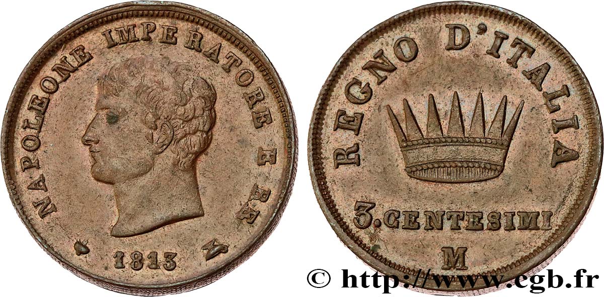 ITALIA - REGNO D ITALIA - NAPOLEONE I 3 Centesimi 1813 Milan q.SPL 