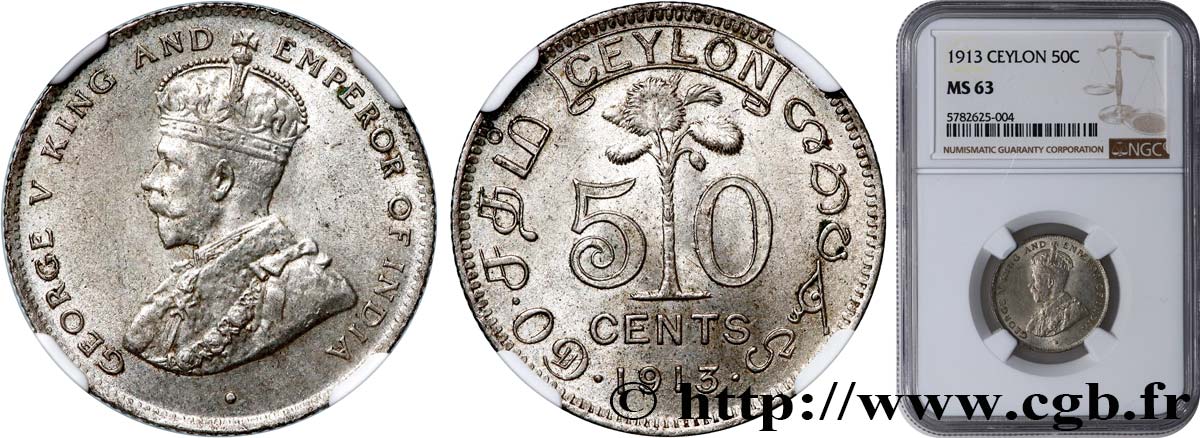 CEYLON 50 Cents Georges V 1913  fST63 NGC