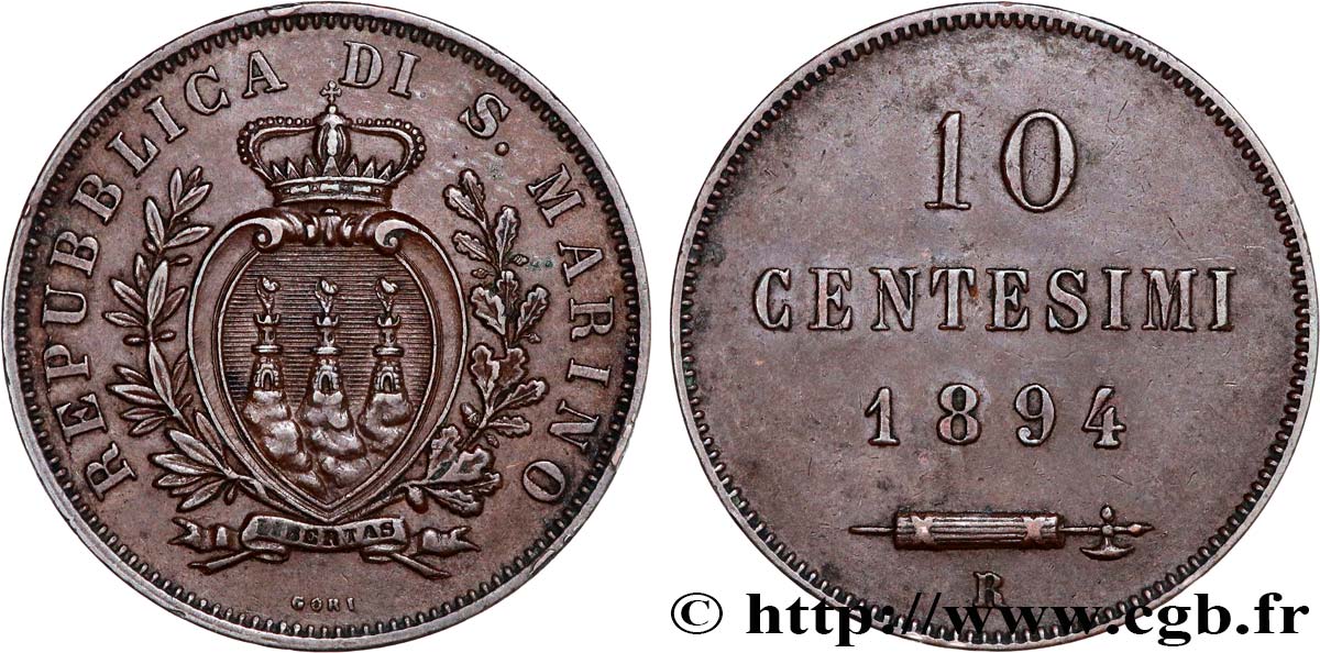 SAINT-MARIN 10 Centesimi écu aux trois tours 1894 Rome SUP