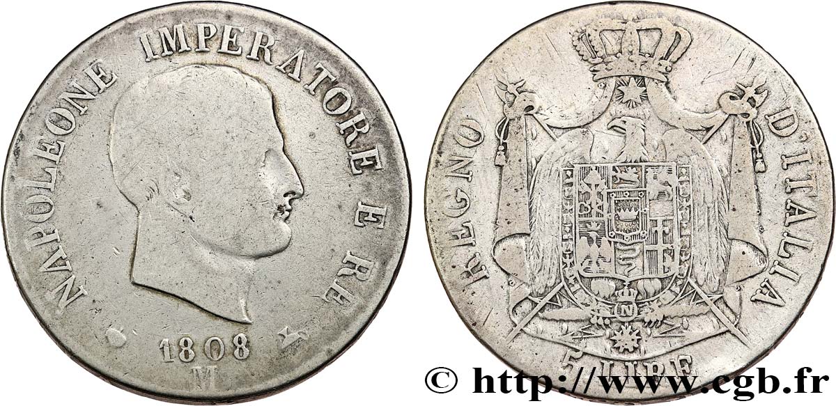 ITALIEN - Königreich Italien - NAPOLÉON I. 5 Lire 1808 Milan S/fSS 