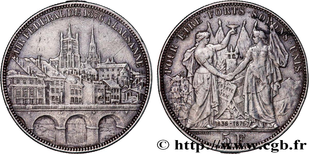 SUISSE 5 Francs, monnaie de Tir, Lausanne 1876 TTB
