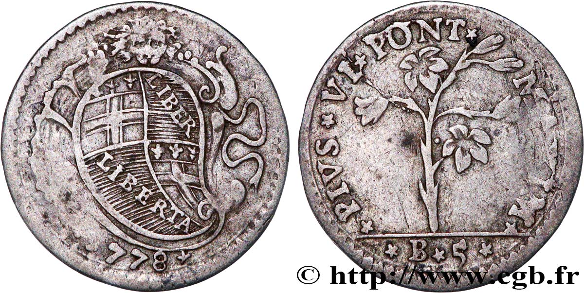 VATICAN AND PAPAL STATES 5 Bolognini Pie VI 1778 Bologne XF 