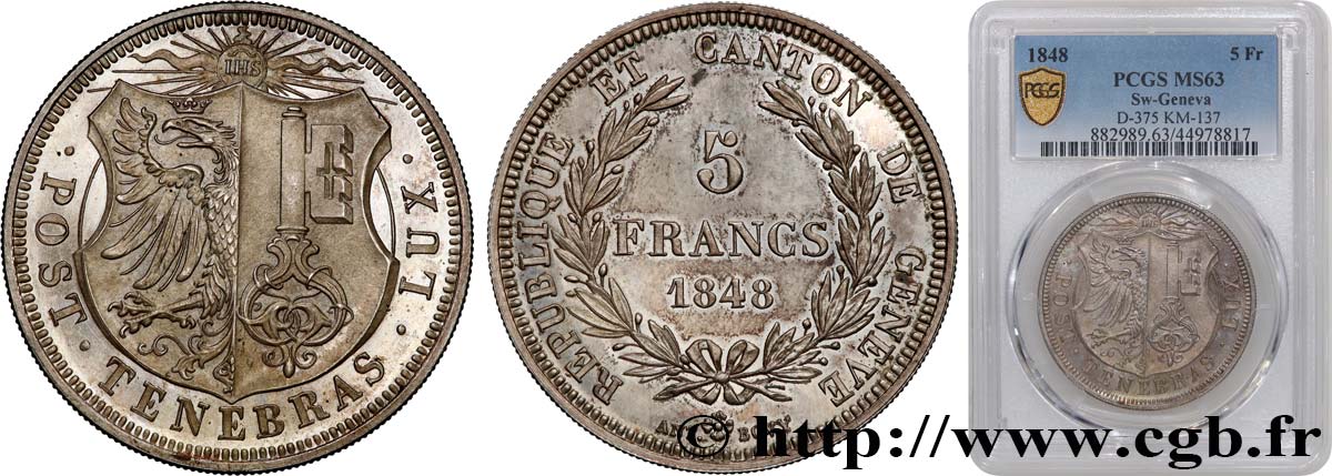 SWITZERLAND - REPUBLIC OF GENEVA 5 Francs 1848  MS63 PCGS