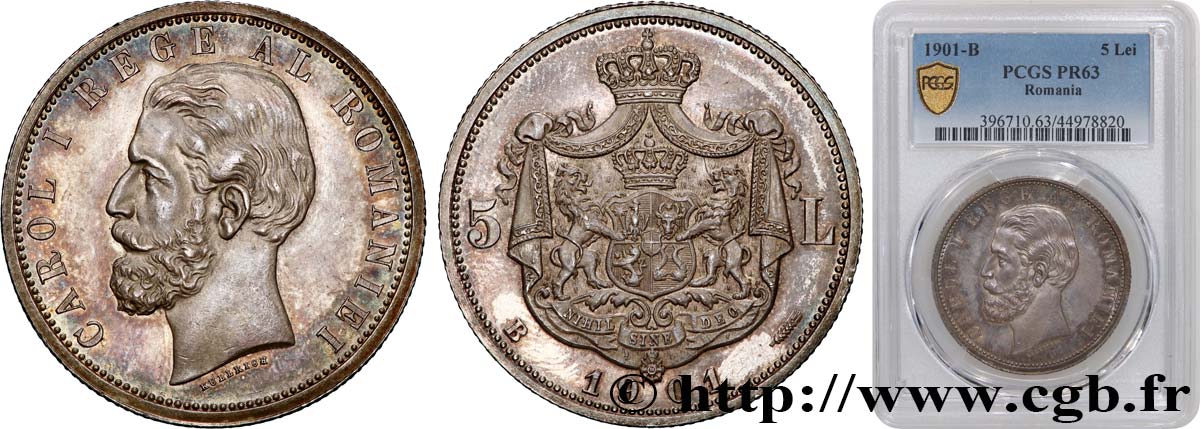 ROMANIA 5 Lei Proof Charles Ier 1901 Bucarest MS63 PCGS