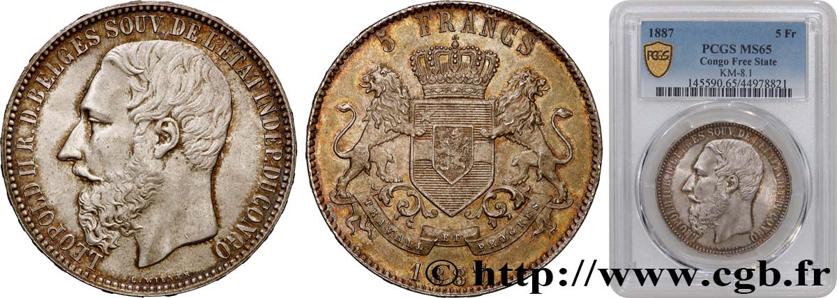 BELGIUM - CONGO FREE STATE 5 francs Léopold II 1887  MS65 PCGS