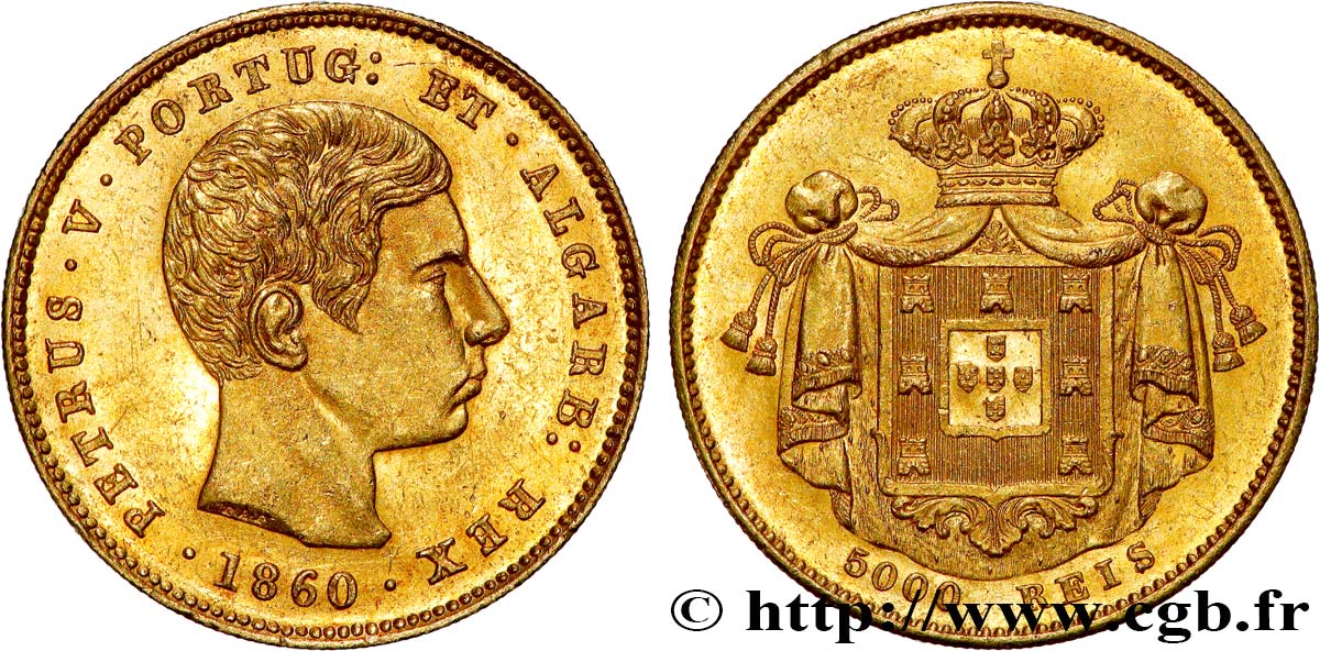 PORTUGAL 5000 Reis ou demi-couronne d or (Meia Coroa) Pierre V  1860  AU 