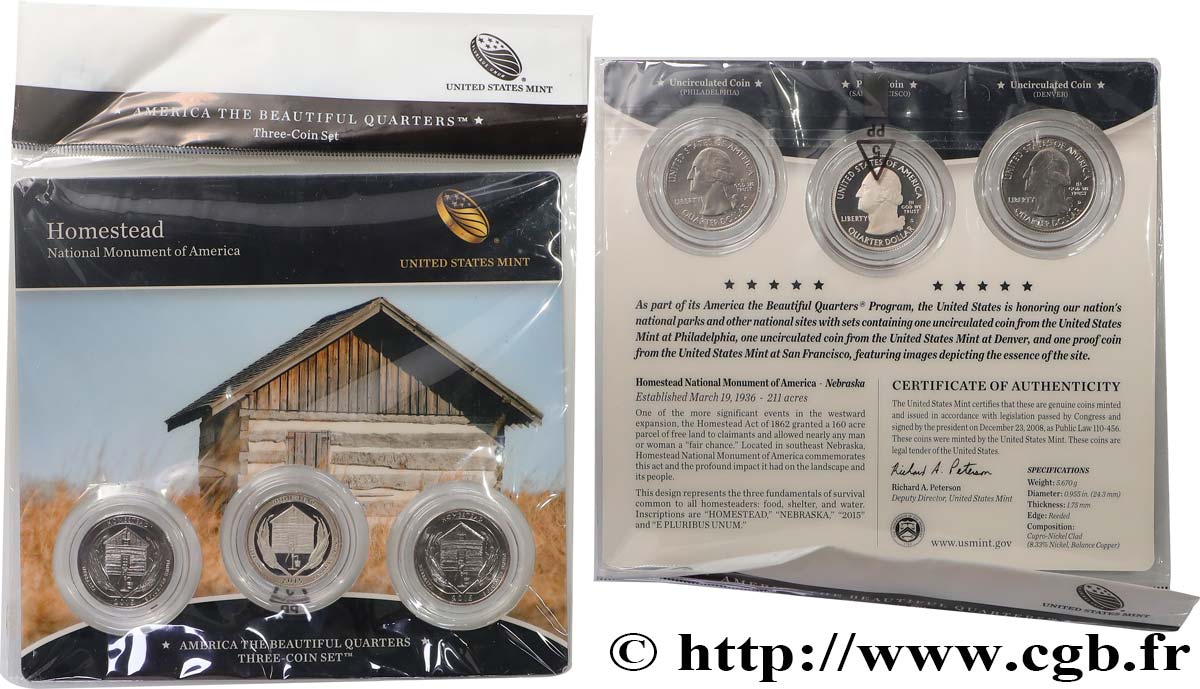 ÉTATS-UNIS D AMÉRIQUE AMERICAN THE BEAUTIFUL - HOMESTEAD - QUARTERS SET - 3 monnaies 2015  FDC 