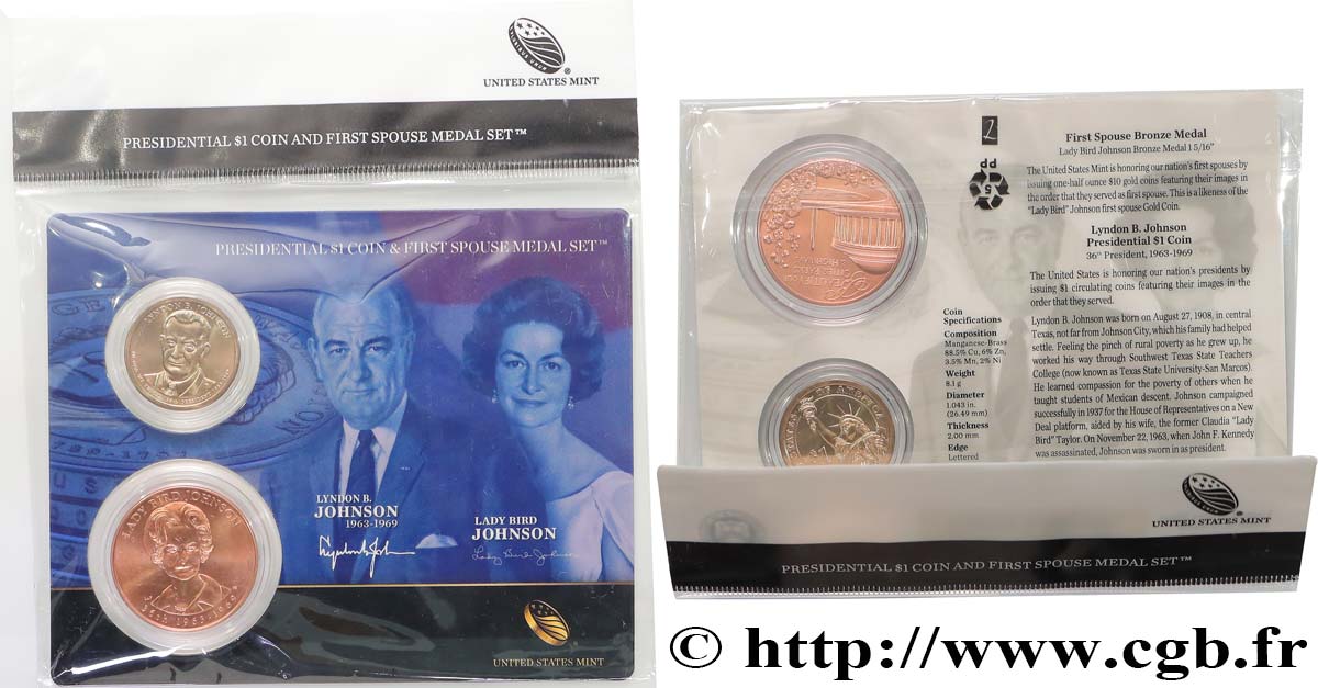 ÉTATS-UNIS D AMÉRIQUE PRESIDENTIAL 1 Dollar - JOHNSON - 1 monnaie et 1 médaille de l’épouse du Président n.d.  FDC 