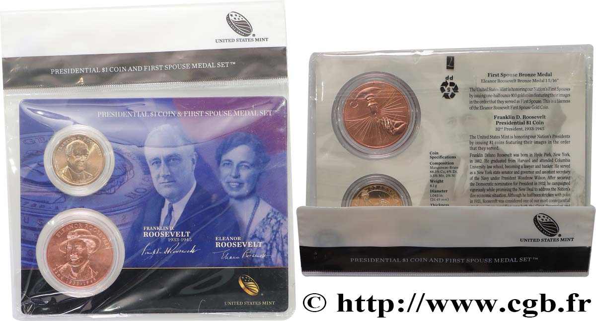 ÉTATS-UNIS D AMÉRIQUE PRESIDENTIAL 1 Dollar - ROOSEVELT - 1 monnaie et 1 médaille de l’épouse du Président n.d.  FDC 