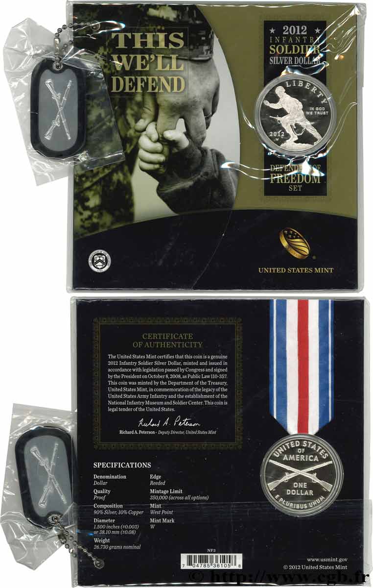 STATI UNITI D AMERICA 1 Dollar Proof Infantry Soldier 2012 2012 West Point BE 