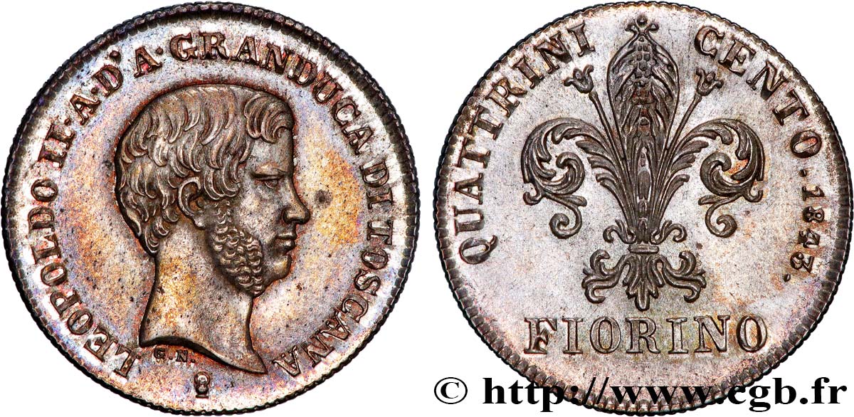 ITALY - GRAND DUCHY OF TUSCANY - LEOPOLD II Fiorino, 3e type 1843 Florence AU 