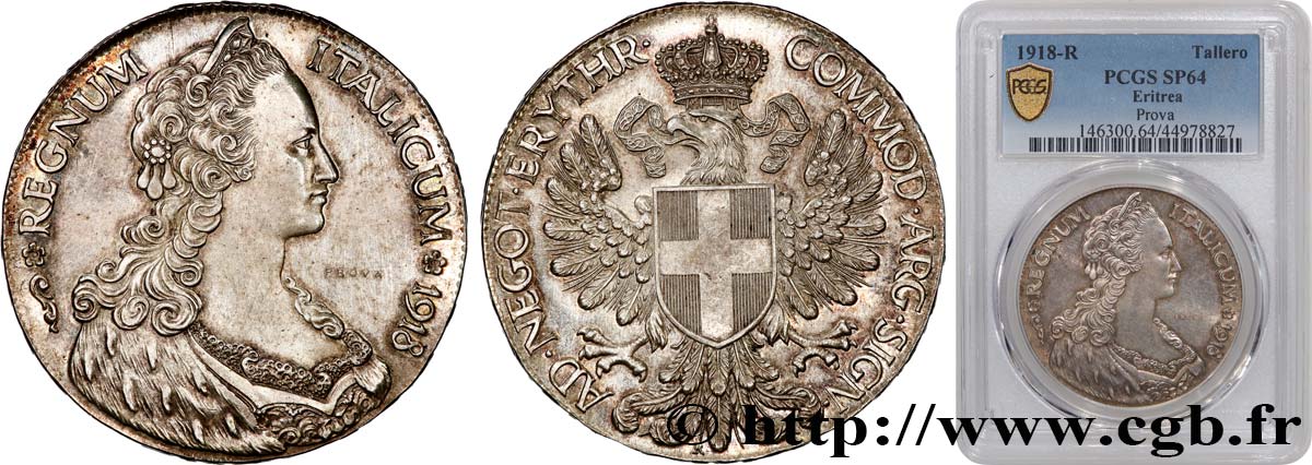 ERITREA - KINGDOM OF ITALY - VITTORIO-EMANUELE III Epreuve du Tallero 1918 Rome MS64 PCGS