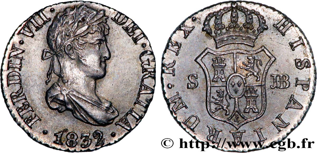 SPAIN 1/2 Real Ferdinand VII  1832 Madrid AU 