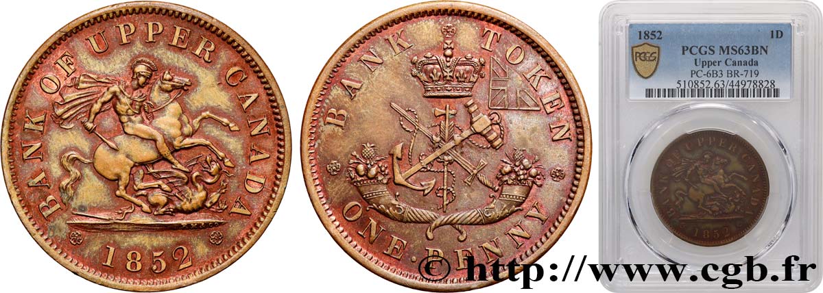 CANADA 1 Penny token Proof Province du Haut Canada St Georges terrassant le dragon 1852 Heaton MS63 PCGS