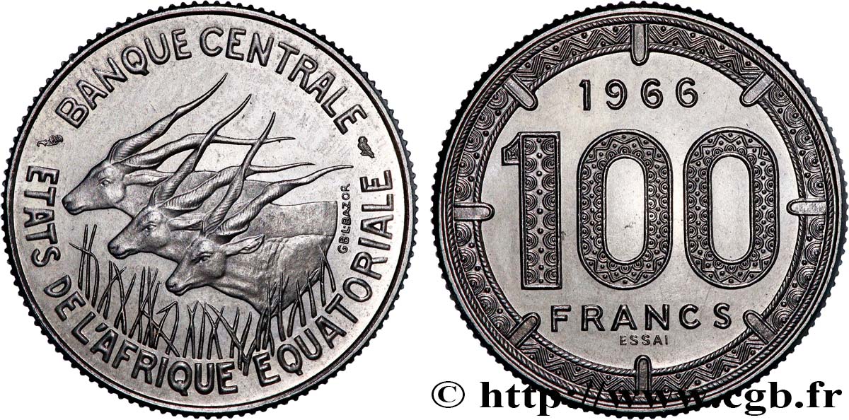 ÉTATS DE L AFRIQUE ÉQUATORIALE Essai de 100 Francs antilopes 1966 Paris SPL