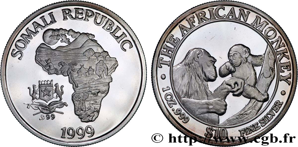 SOMALIA 10 Dollars Proof Singes d’Afrique 1999  MS 