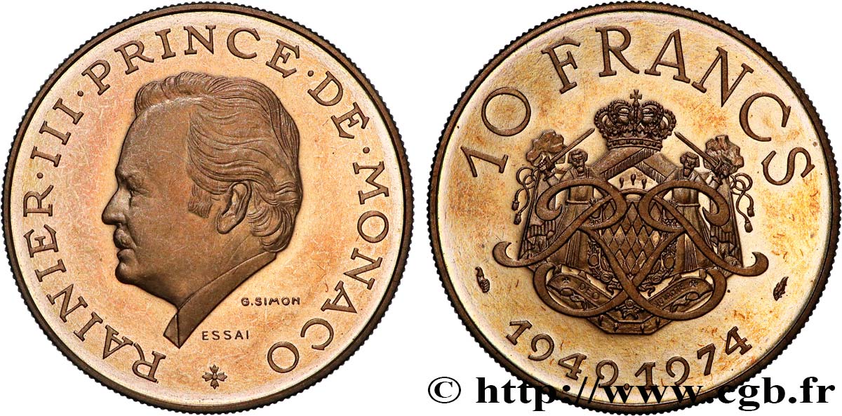 MONACO Essai de 10 Francs Rainier III 25e anniversaire de règne 1974 Paris fST 