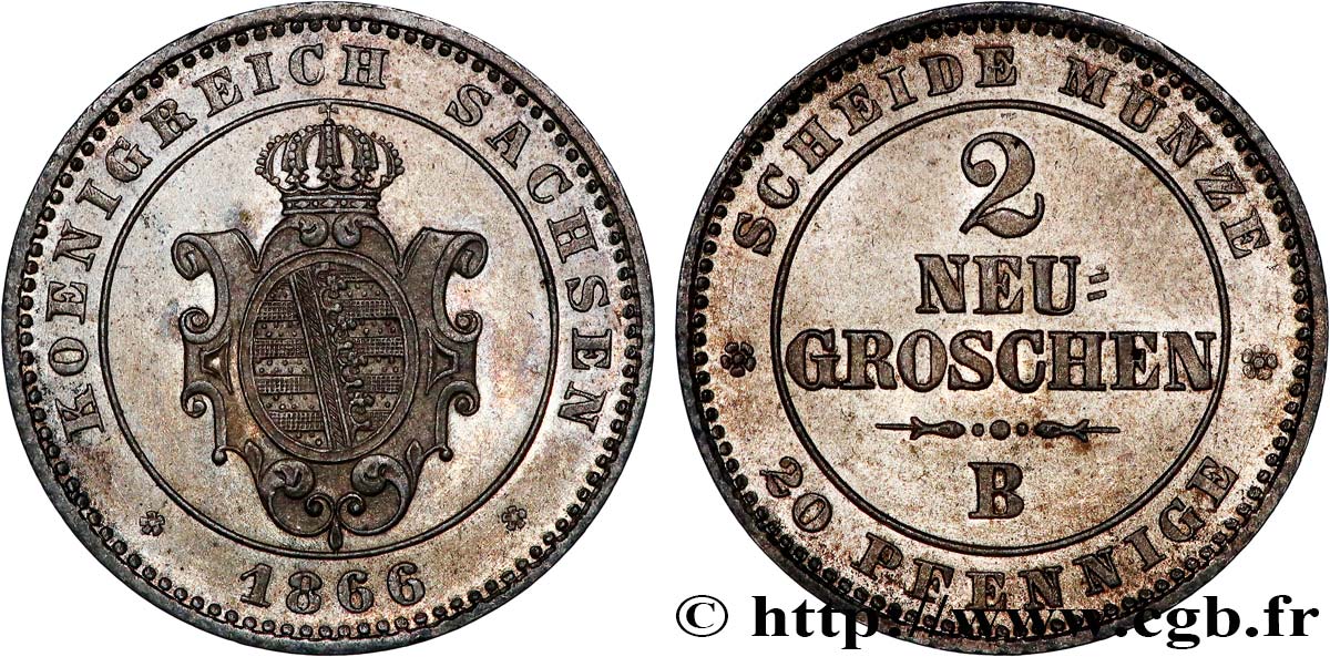 GERMANY - SAXONY 2 Neu-Groschen (20 Pfennige) 1866  AU 
