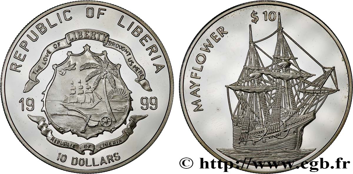 LIBERIA 10 Dollars Proof Voilier Mayflower 1999  fST 