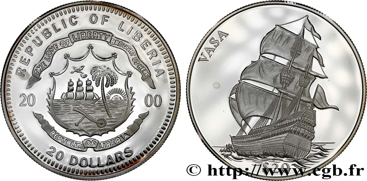 LIBERIA 20 Dollars Proof Voilier Vasa 2000  MS 