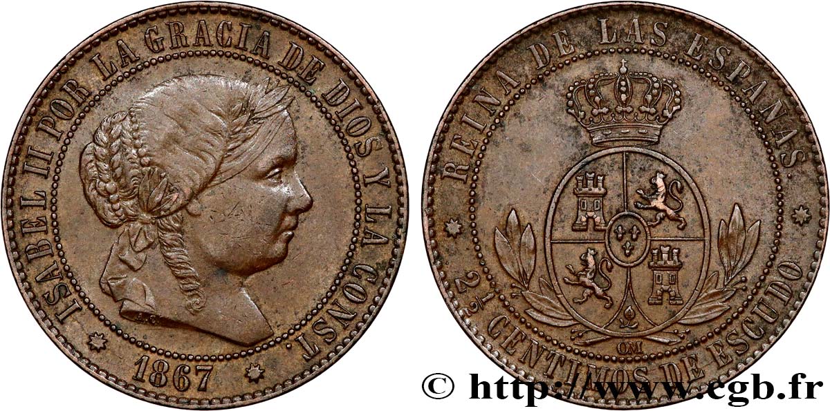 SPANIEN 2 1/2 Centimos de Escudo Isabelle II 1867 Oeschger Mesdach & CO fVZ