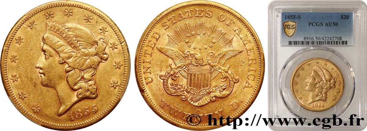 ÉTATS-UNIS D AMÉRIQUE 20 Dollars  Liberty  1855 San Francisco TTB50 PCGS